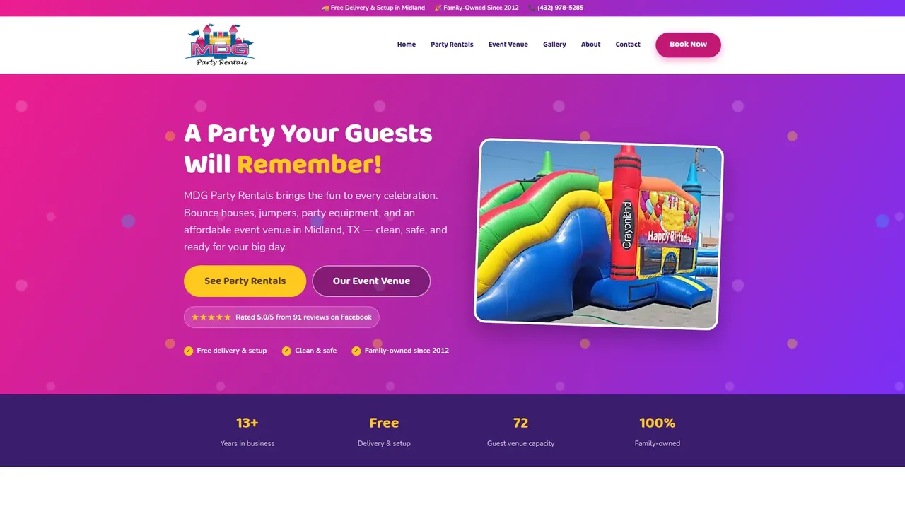 MDG Party Rentals website home page