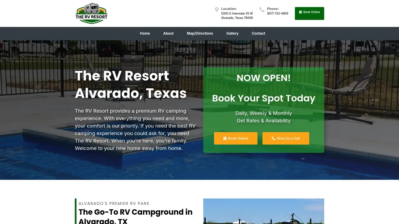 The RV Resort TX website, designed and hosted by us